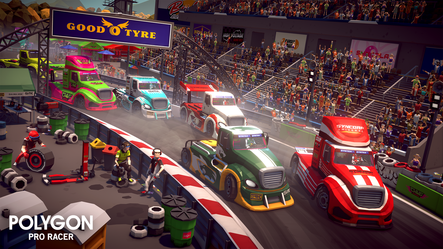3D truck vehicles racing past spectator grandstands