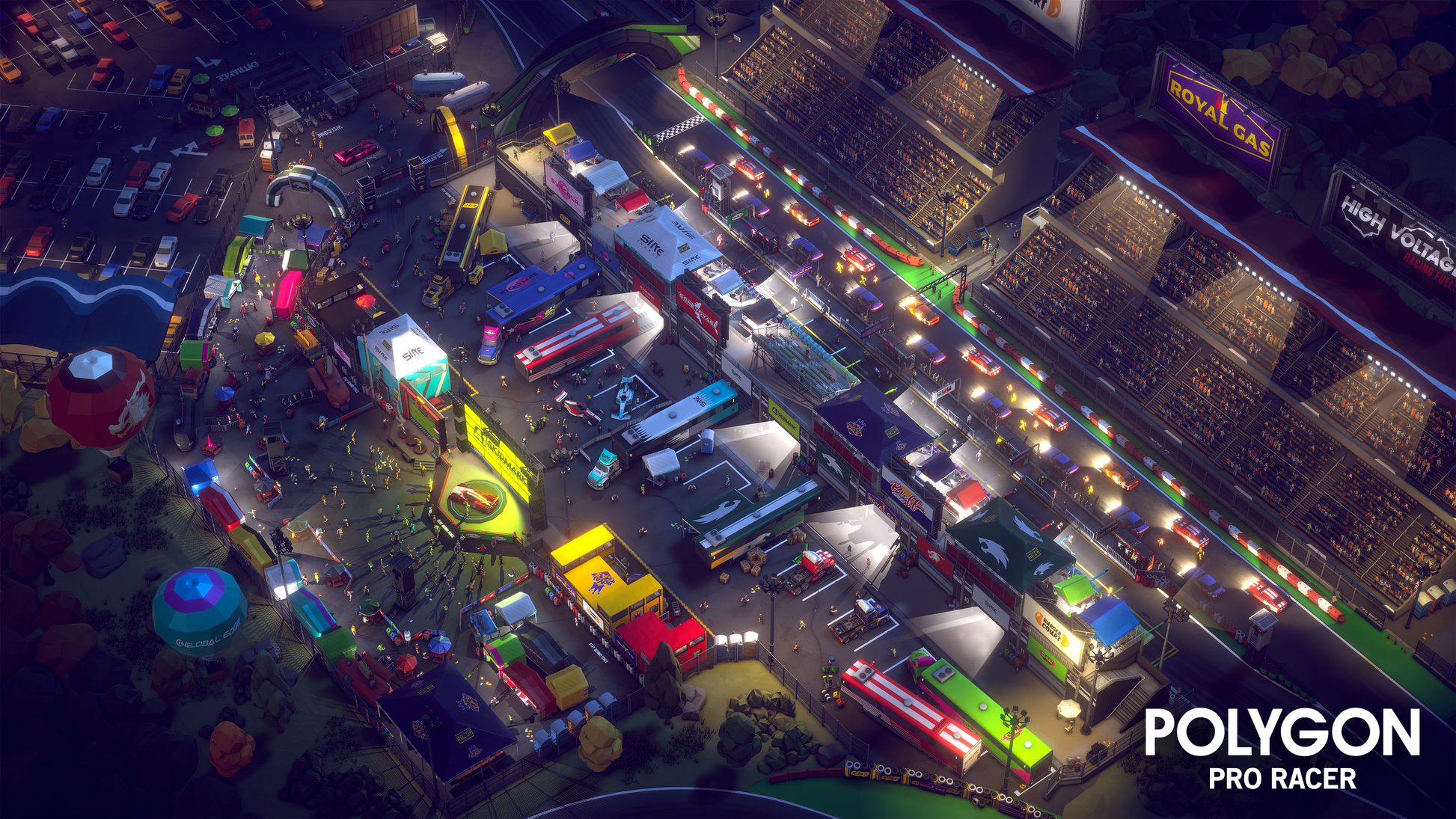 Isometric view of a large concourse with food trucks, music stages and grandstands built around a stock car race track
