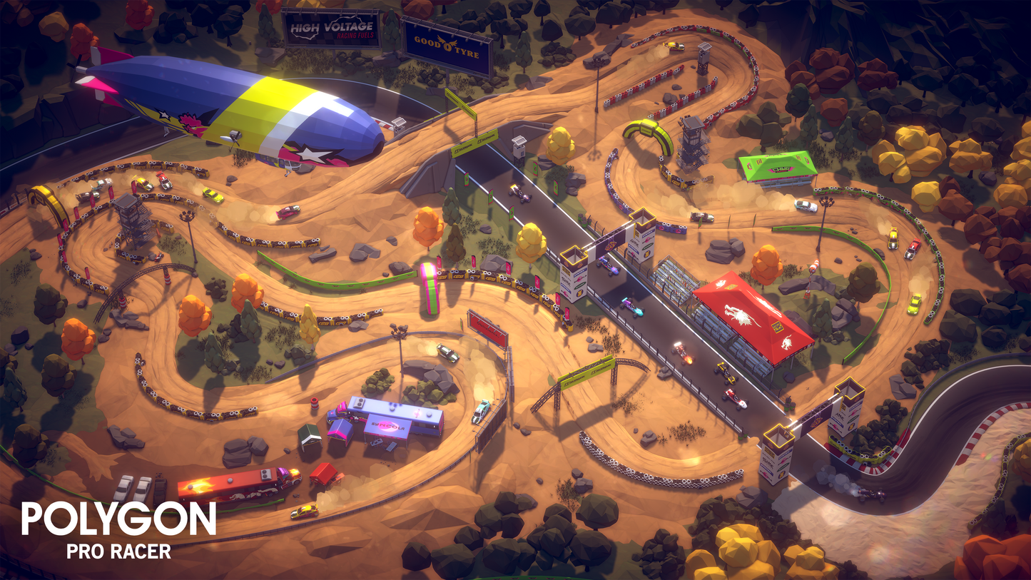 Aeriel view of a 3D dirt track built using the assets from the Polygon Pro Racer pack