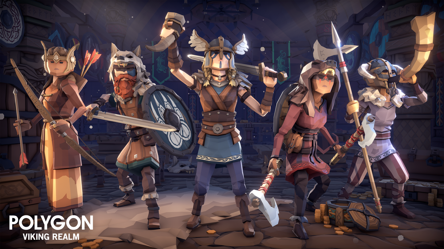 3D viking warrior assets for Unity and Unreal Engine game development including shields, horns, brigandine armor, swords and clothing