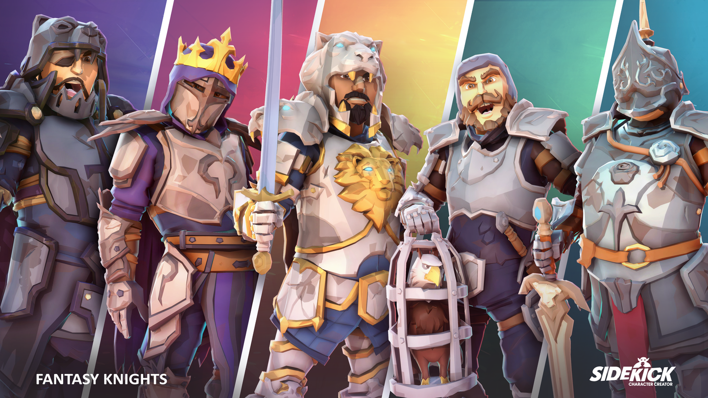 Animated fantasy knights in various armor designs against a colorful background with Sidekick branding.