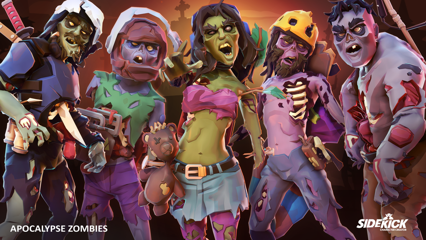Group of colorful zombies with various outfits and accessories from the Sidekick Character Creator Apocalypse Zombies 3D asset pack