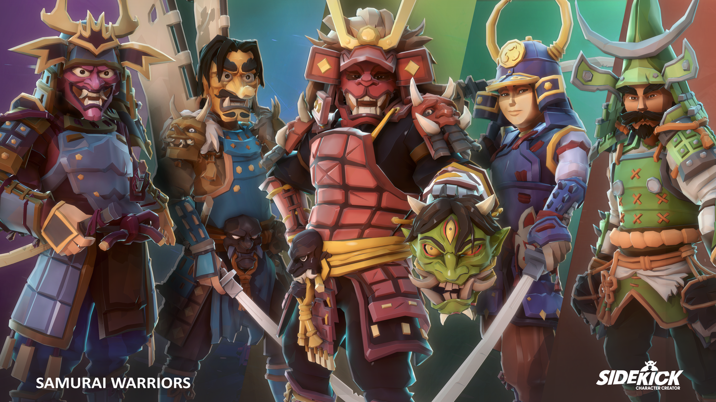 3D animated samurai warriors with colorful armor and weapons, featuring the Sidekick logo.