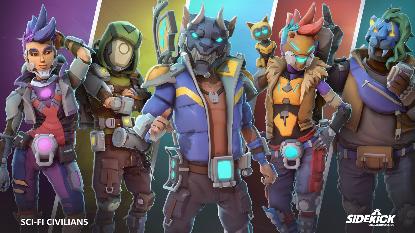 Group of animated sci-fi characters in colorful outfits with Sidekick logo at the bottom.