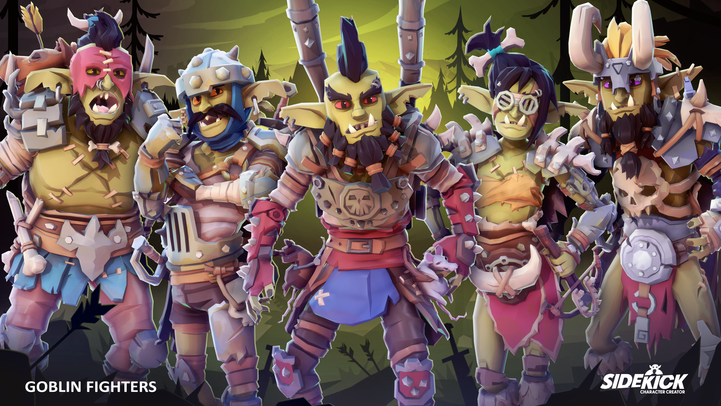Five colorful goblin characters with detailed armor and accessories on a green background.