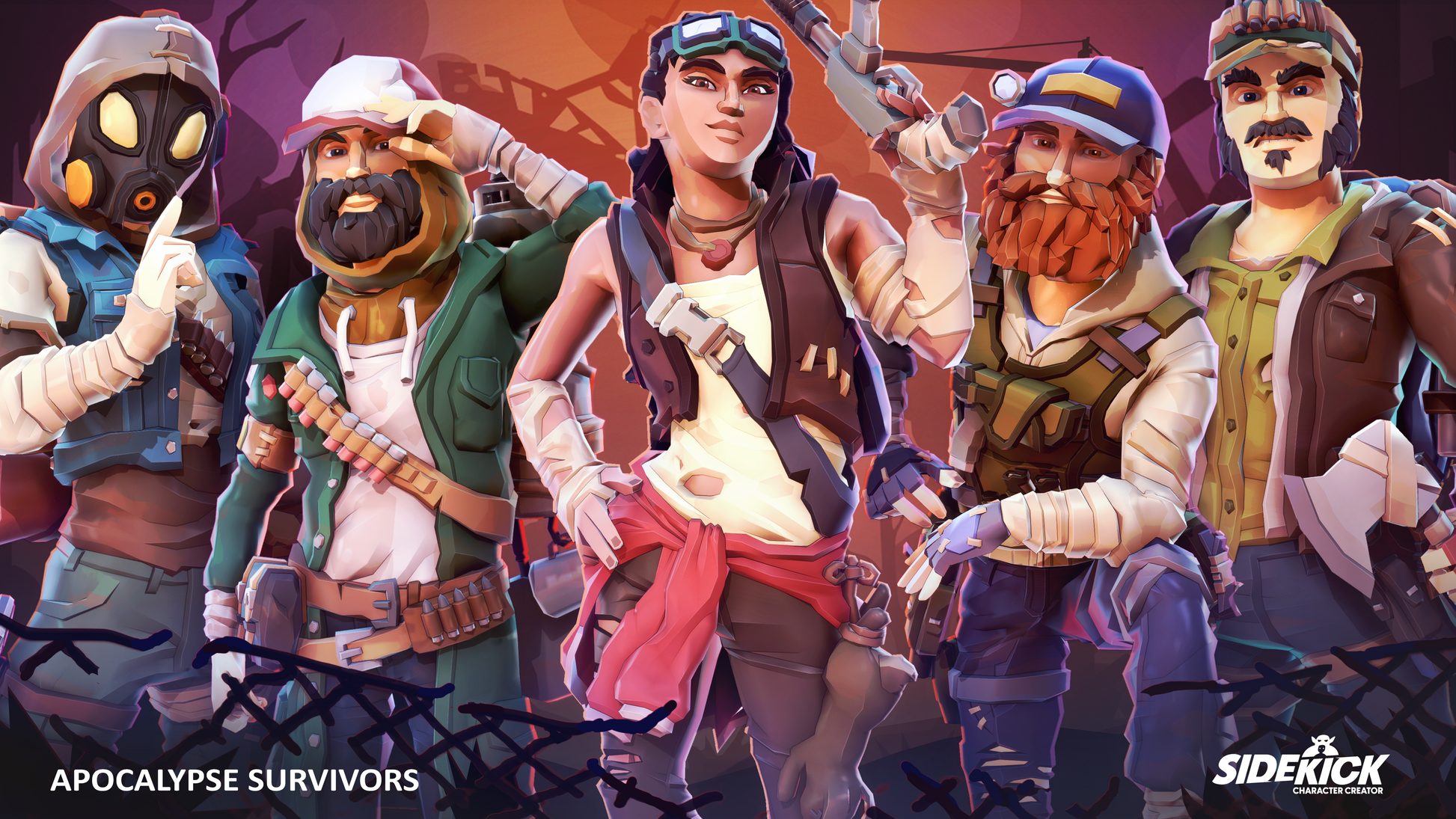 Five apocalypse survivors with various gear and weapons designed using the components from the Sidekick Apocalypse Survivors 3D asset pack