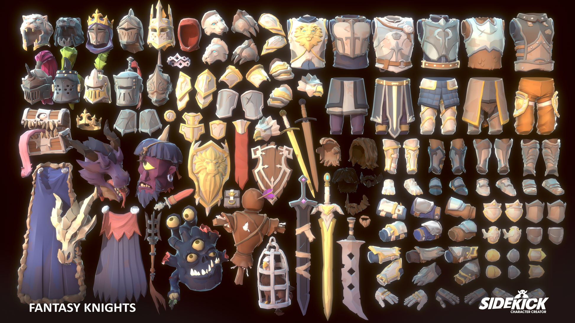 Collection of 3D fantasy knight armor assets and accessories on a dark background