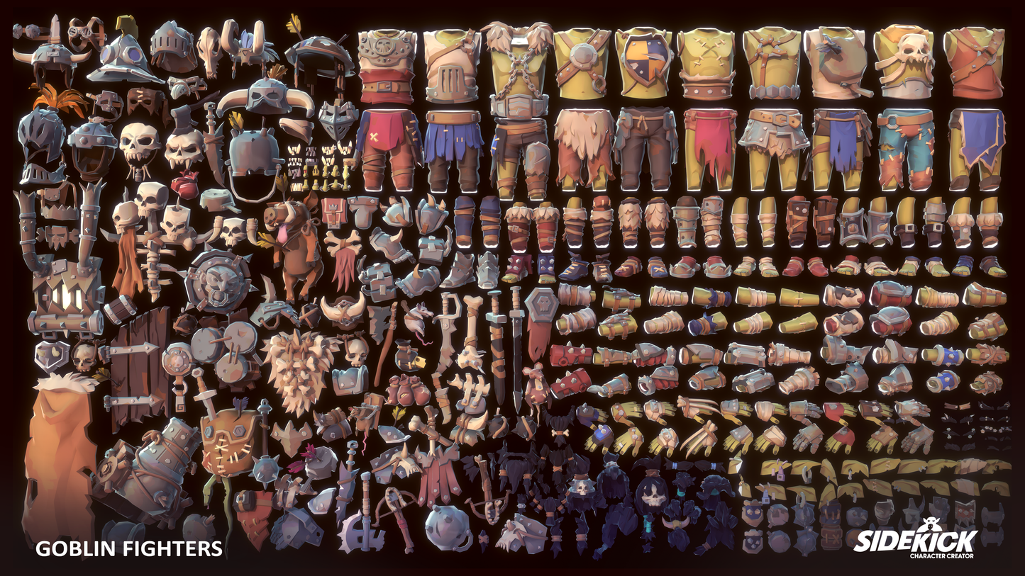 Collection of 3D goblin fighters accessories arranged in a pattern on a dark background