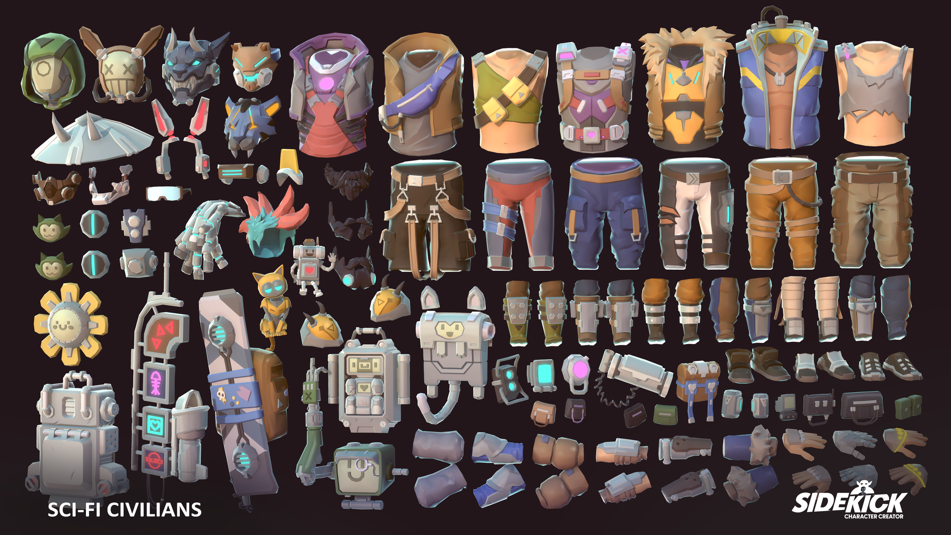 Collection of animated sci-fi civilian character parts on a dark background with Sidekick logo.