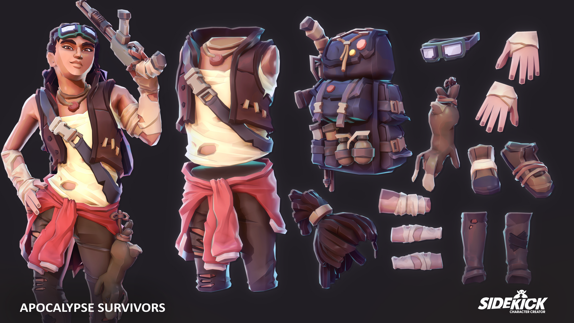 Female character with accessories, weapons and survival gear from the Sidekick Apocalypse Survivors 3D asset pack