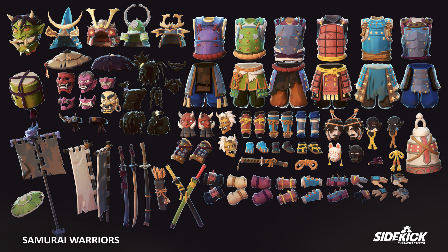 Collection of 3D samurai warrior accessories and armor assets on a dark background with Sidekick branding.