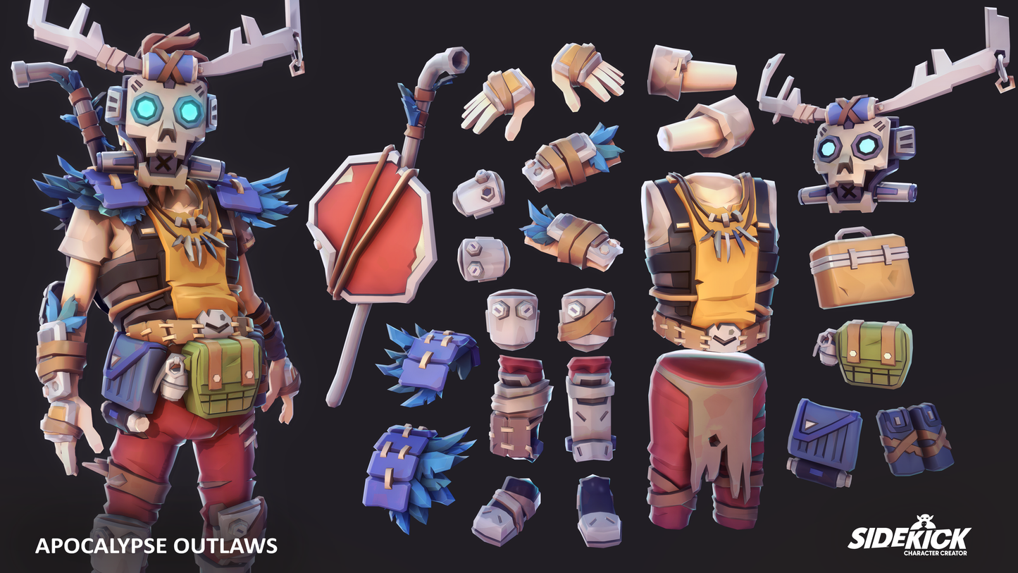 Apocalypse outlaw figure and character parts on a dark background, with Sidekick branding