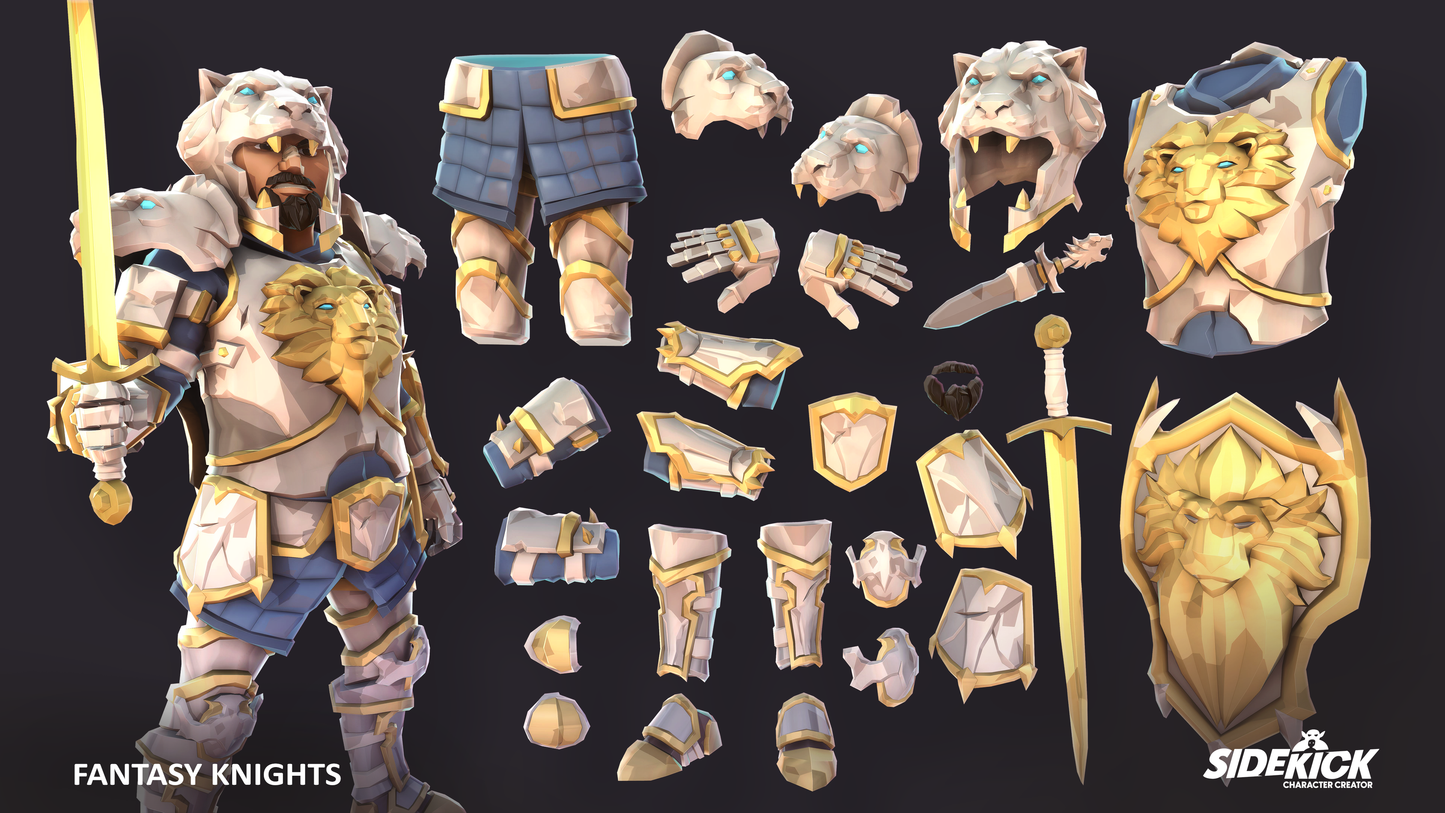 Fantasy knight character asset with various 3D armor pieces displayed on a dark background