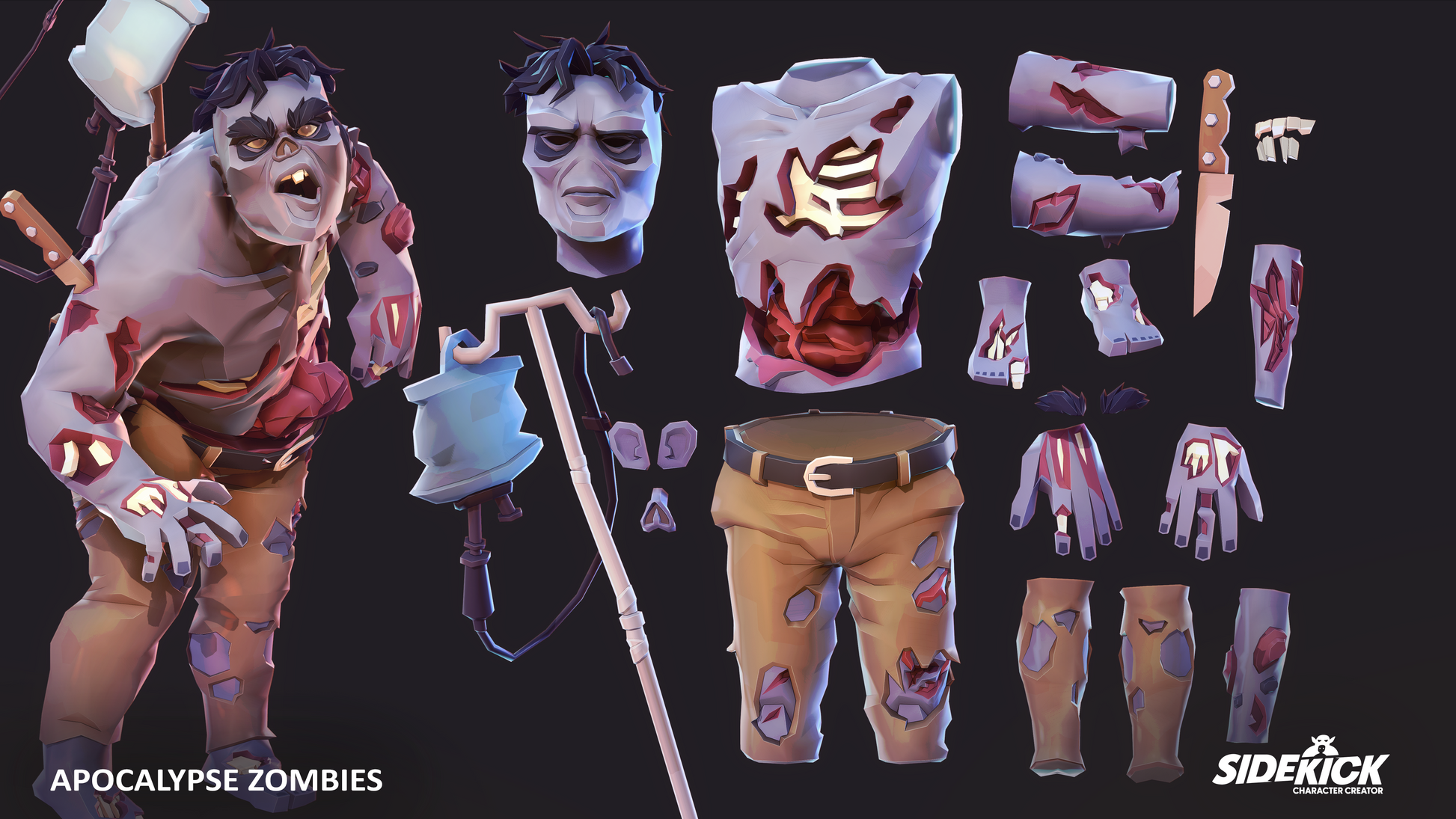 A large zombie 3D character with interchangeable parts and accessories from the Apocalypse Zombies 3D asset pack