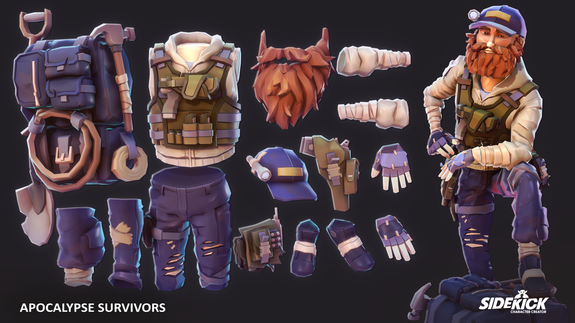 Male character figure with accessories, weapons and survival gear from the Sidekick Apocalypse Survivors 3D asset pack