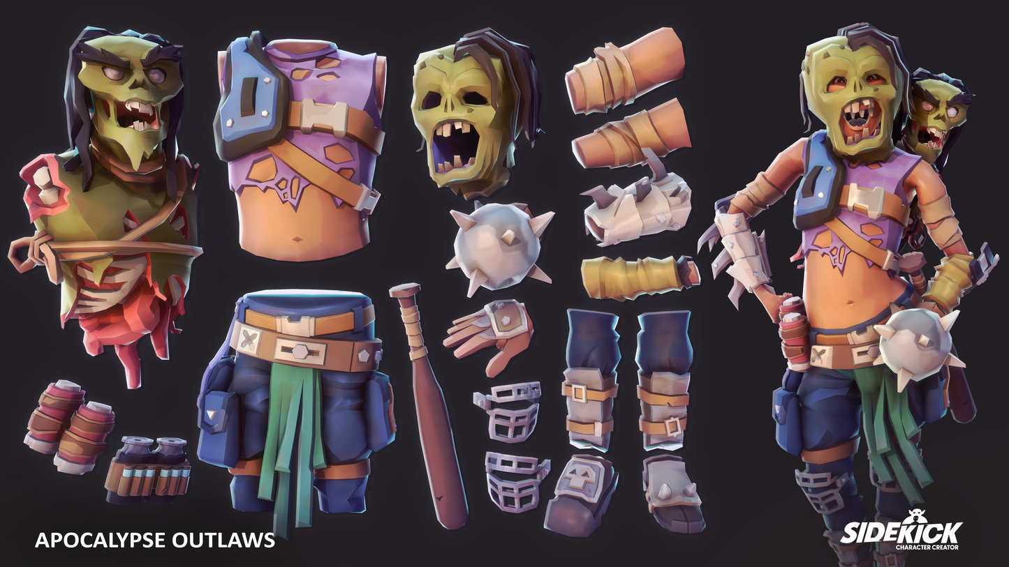 Collection of Apocalypse Outlaws character parts and accessories on a dark background