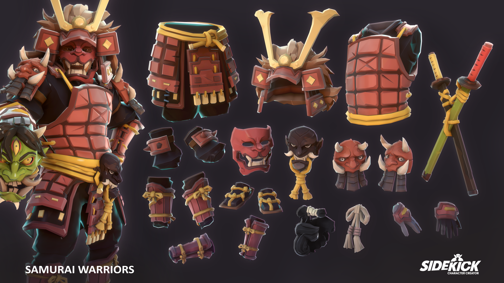 Collection of Samurai Warrior 3D asset parts and accessories on a dark background with Sidekick logo.