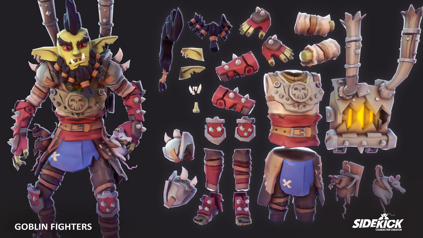 Goblin fighter animated character with customizable parts on a dark background, featuring the Sidekick logo.