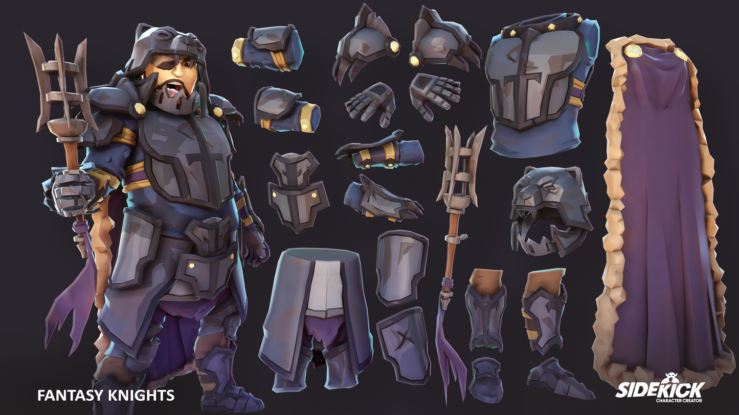 Fantasy character with customizable armor pieces on a dark background