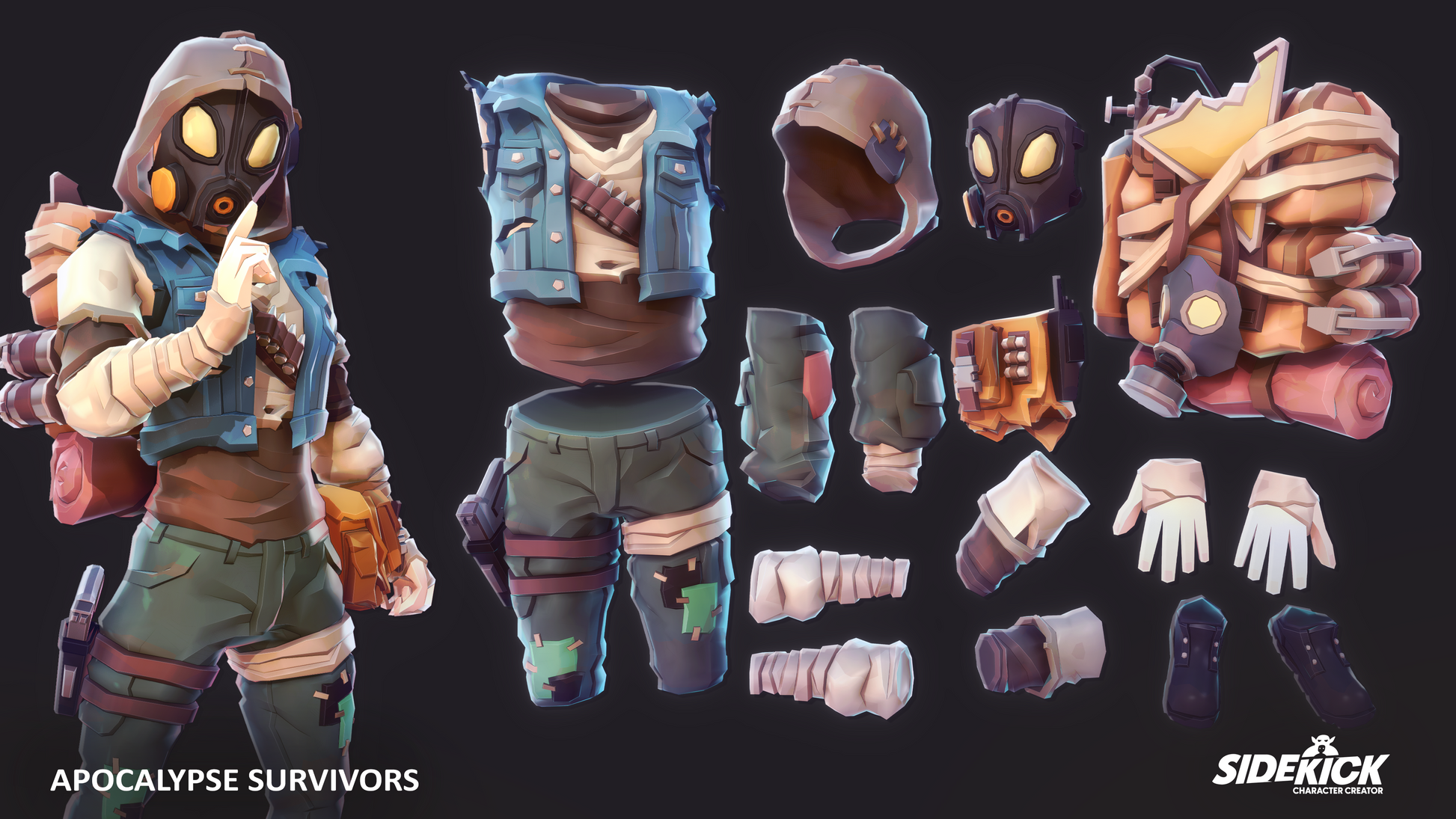 Masked female character with accessories, weapons and survival gear from the Sidekick Apocalypse Survivors 3D asset pack