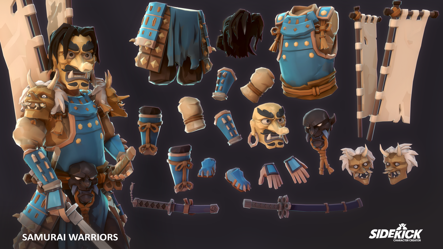 Set of Samurai Warrior 3D character parts and accessories on a dark background with Sidekick branding.