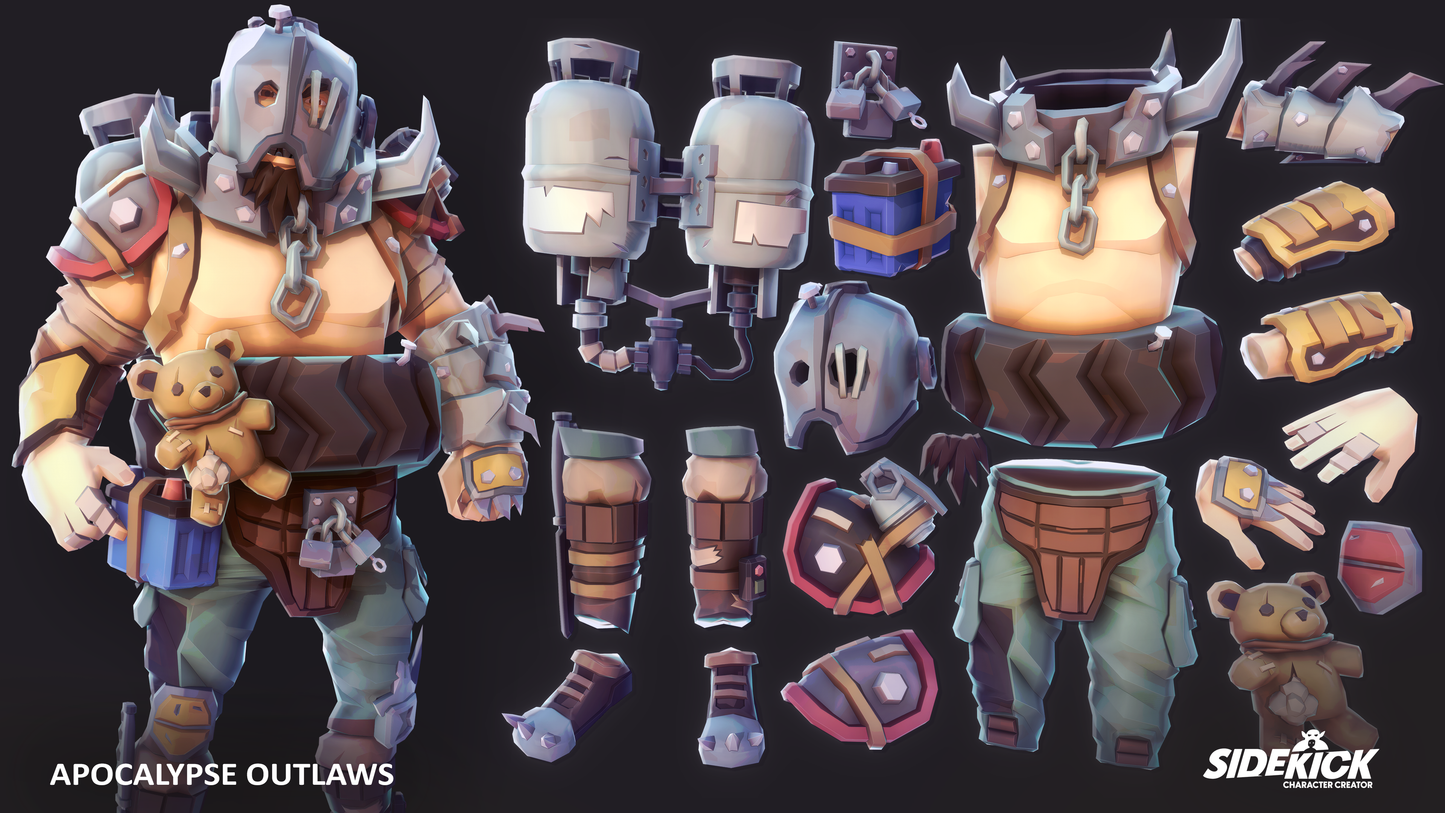 Apocalypse outlaw character and interchangeable accessories from Apocalypse Outlaws 3D asset pack