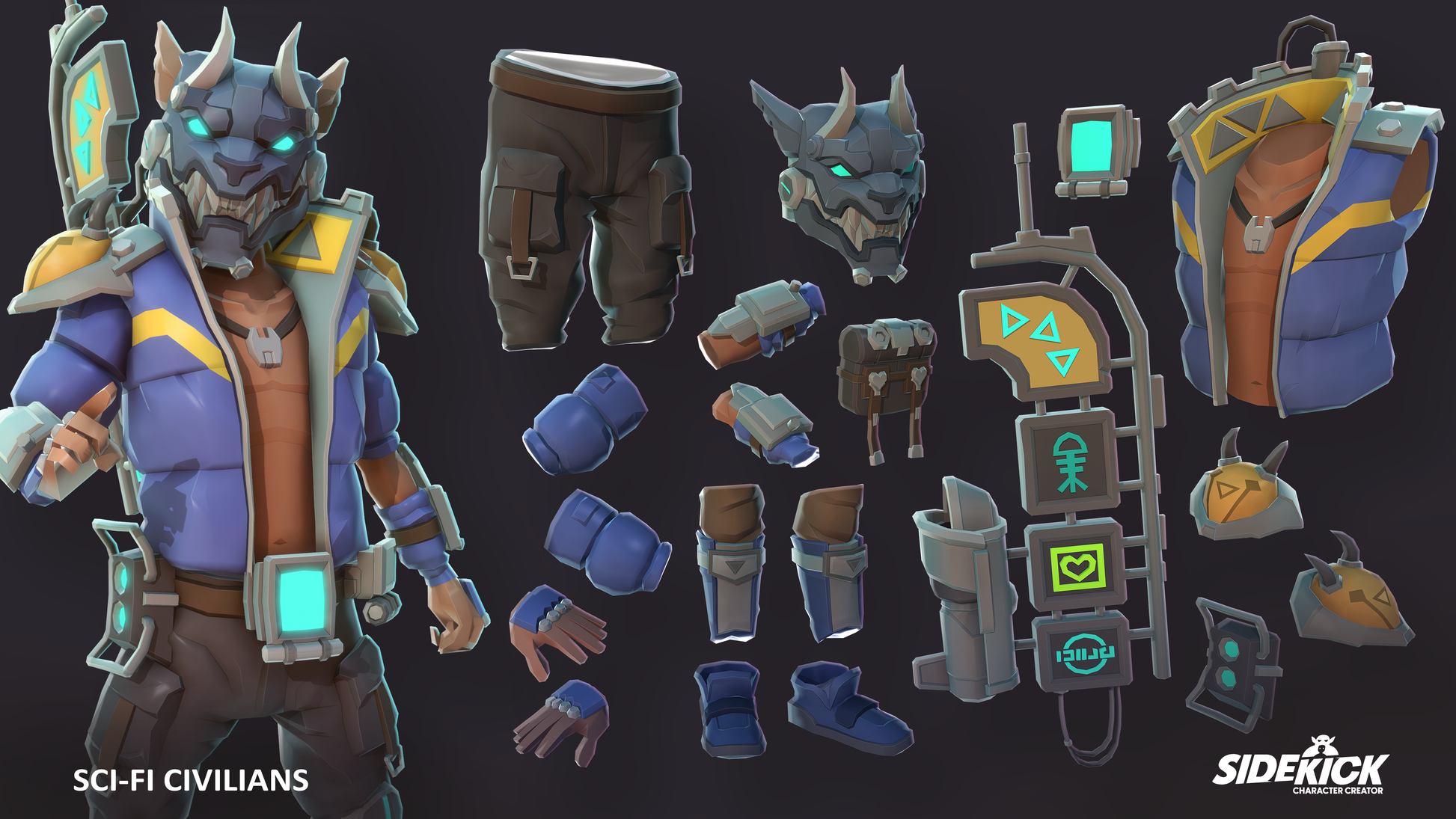 Sci-fi civilian character with customisable parts on a dark background