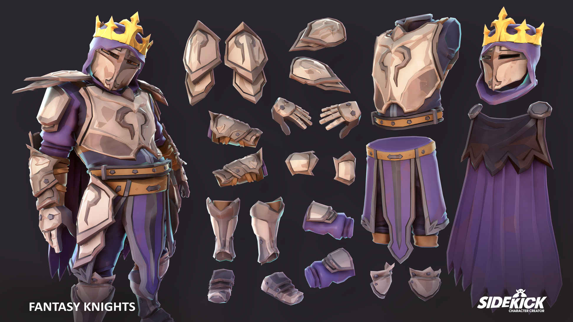Fantasy knight 3D character with customizable purple armor pieces on a dark background