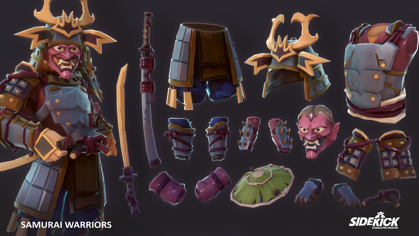 3D samurai warrior character with customizable face and armor pieces on a dark background