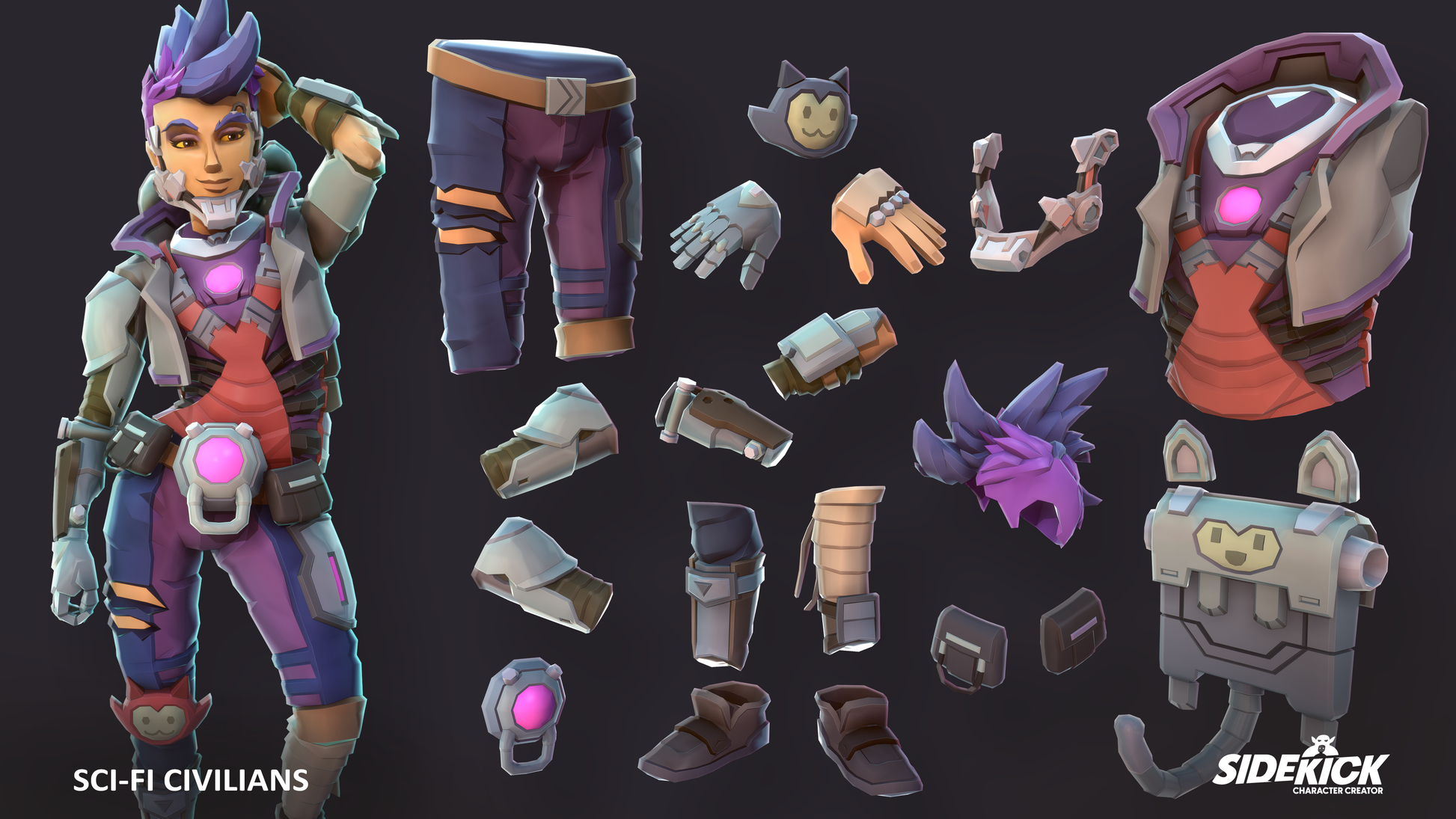 Sci-fi female character with customisable equipment on a dark background