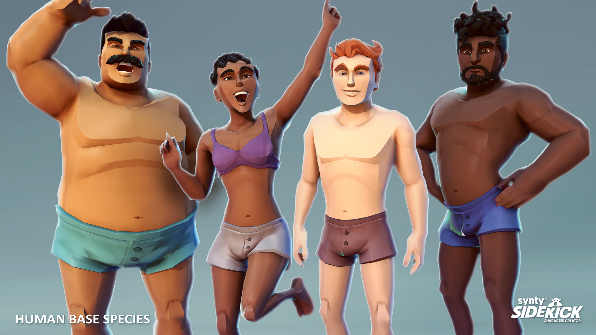 Four animated 3D characters in various poses from the free Synty SIdekick Character Creator asset pack