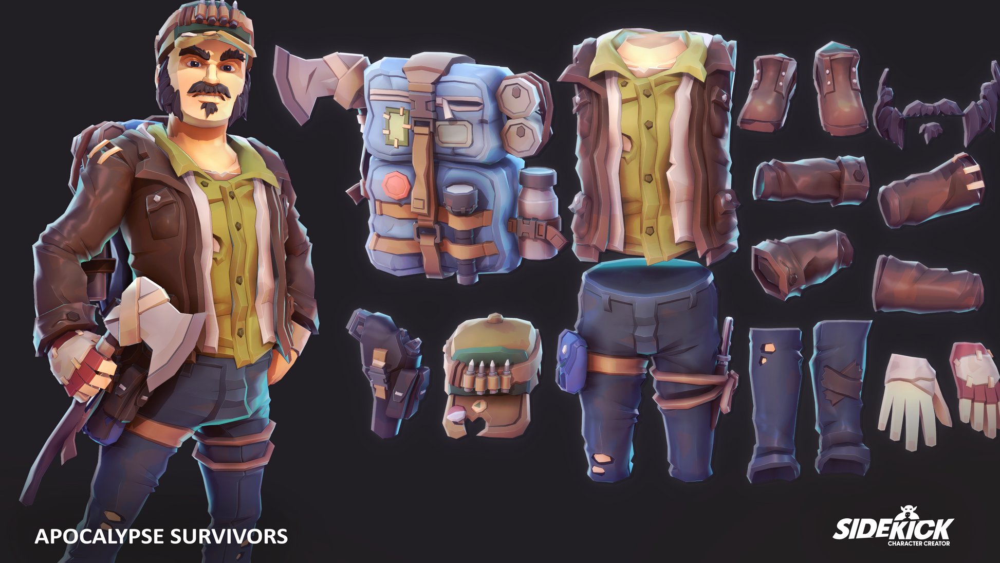 Character and various items from Apocalypse Survivors 3D asset pack