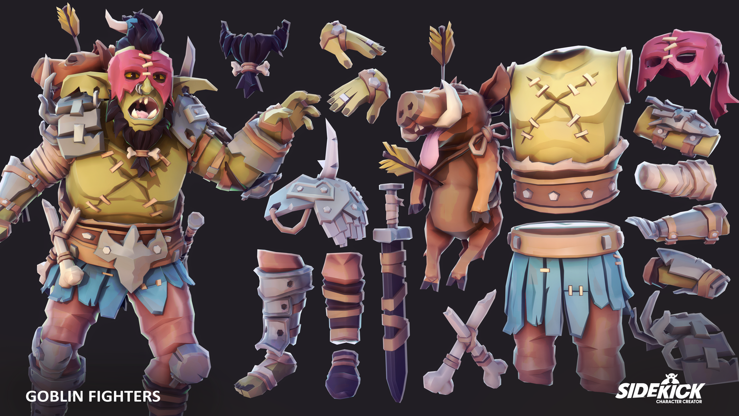 Goblin fighter character with their components on a black background, featuring Sidekick branding.