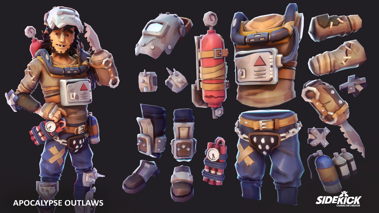 3D character and accessories from the Sidekick Apocalypse Outlaws 3D asset pack