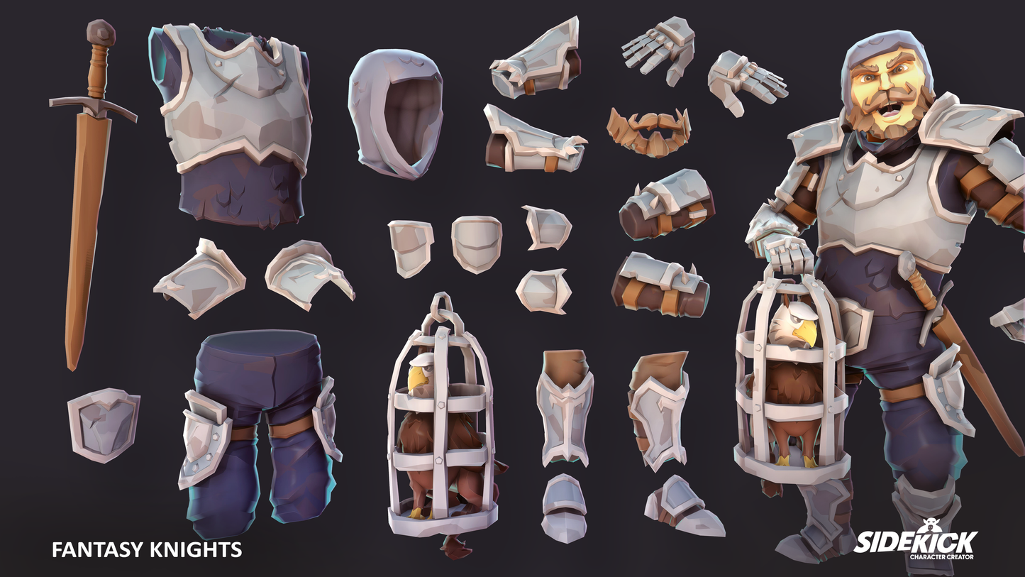 Collection of fantasy knight components and a fully assembled knight on a dark background.