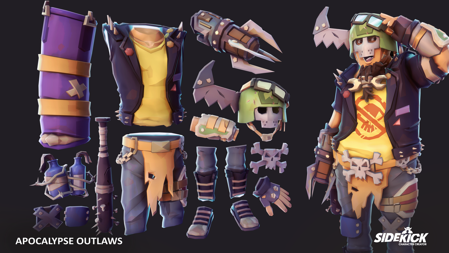 Collection of character accessories and outfit pieces with a full character model on a dark background