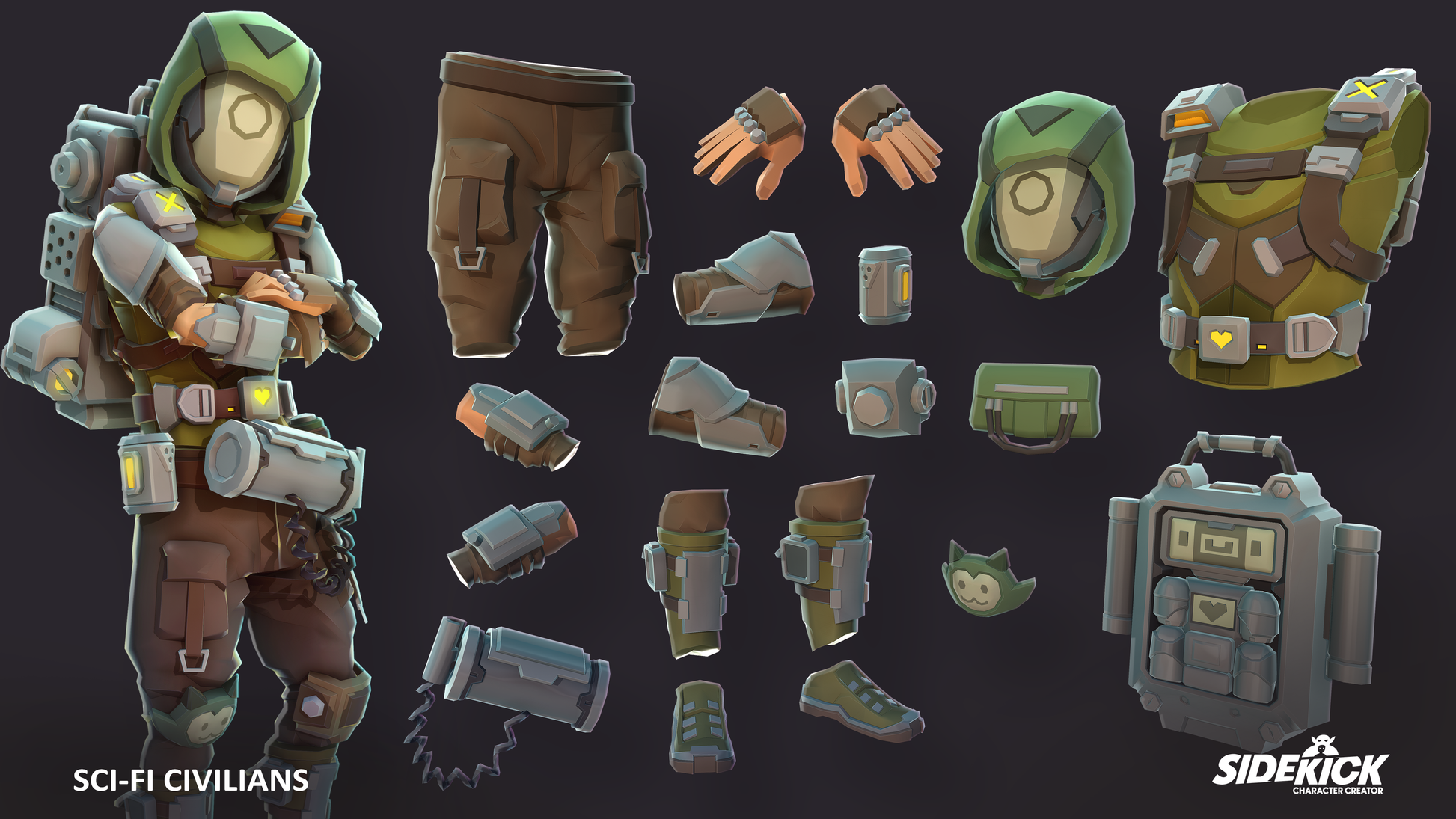 Sci-fi civilian character asset with customisable space equipment on a dark background