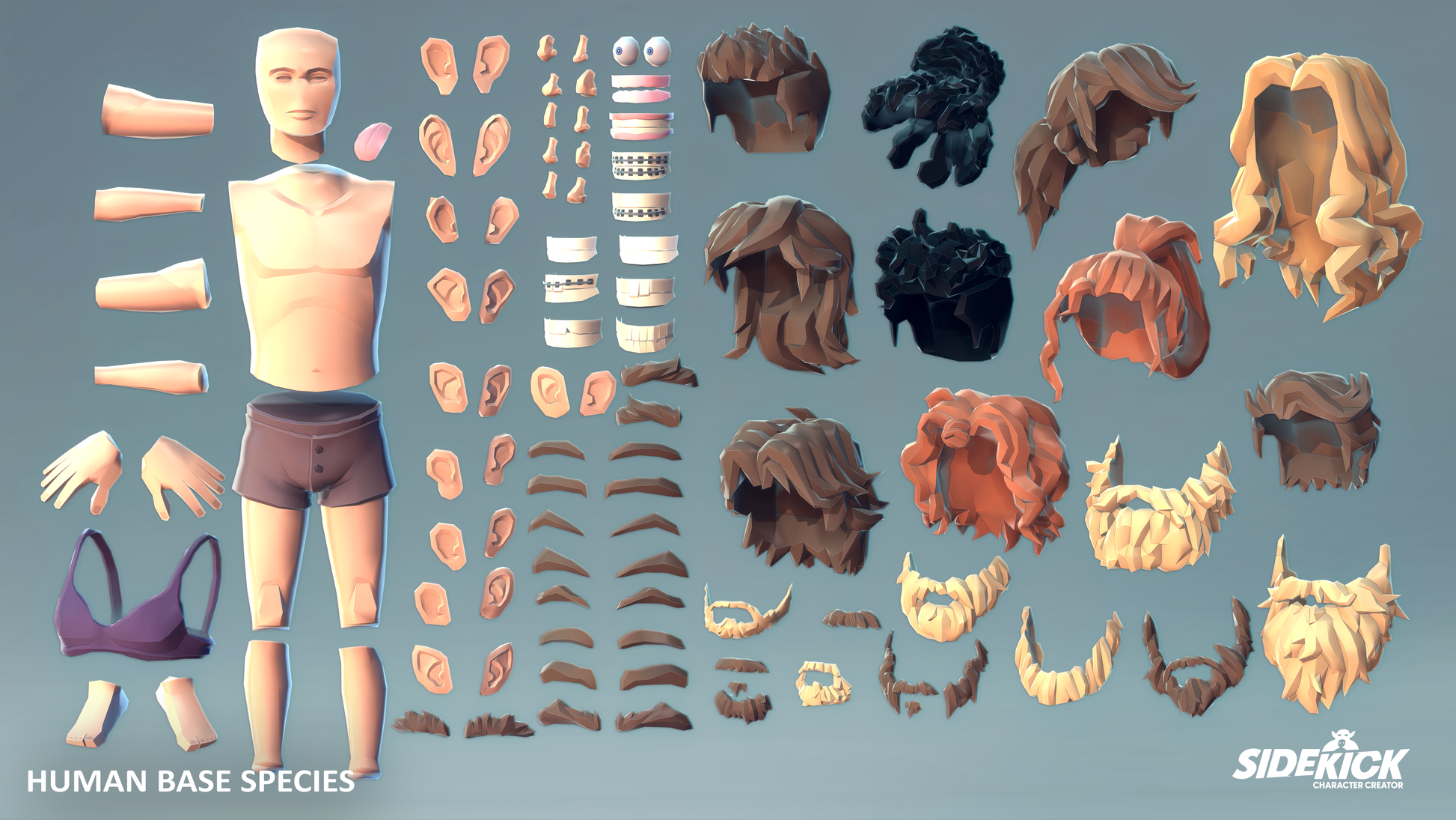 Character creation kit with body parts and hairstyles on a grey background