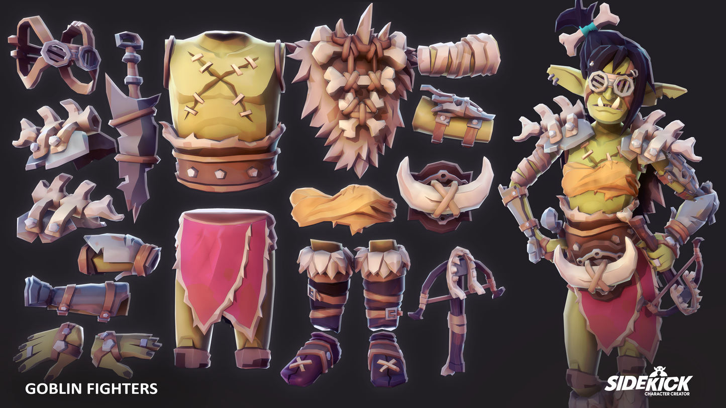 Collection of female goblin fighter accessories and character on a dark background with Sidekick branding.