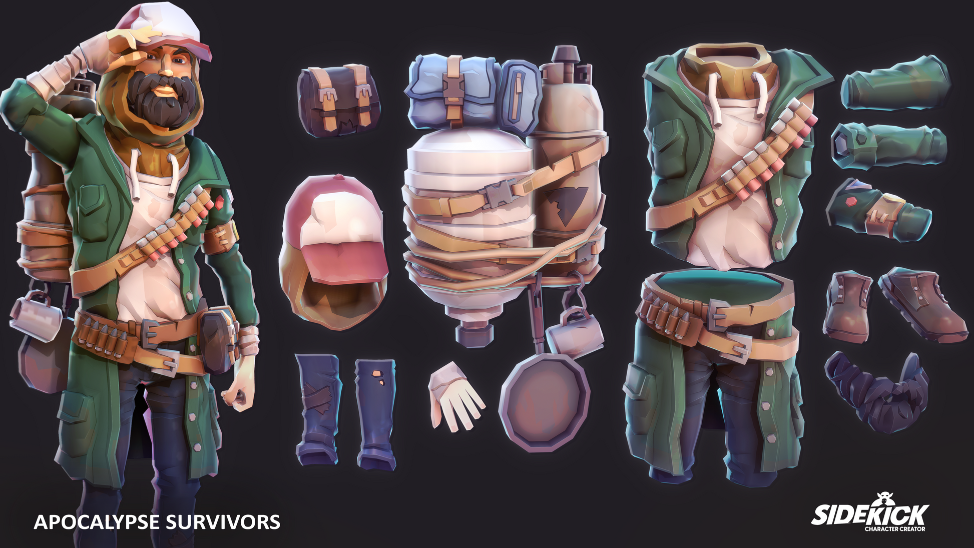 Aocalypse survivor 3D character with various gear, accessories and components on a black background