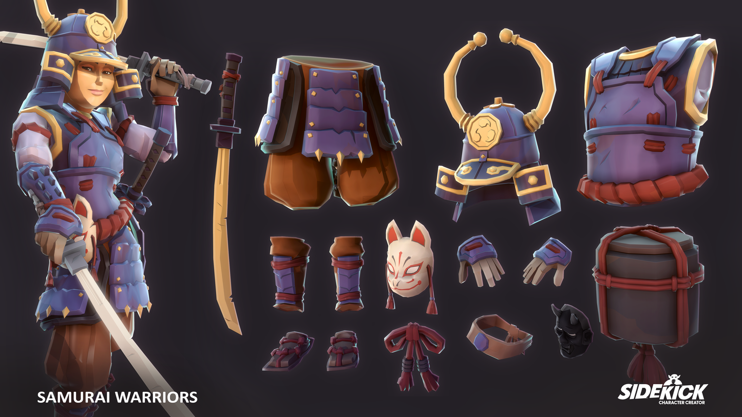 3D samurai warrior character with various accessories on a dark background