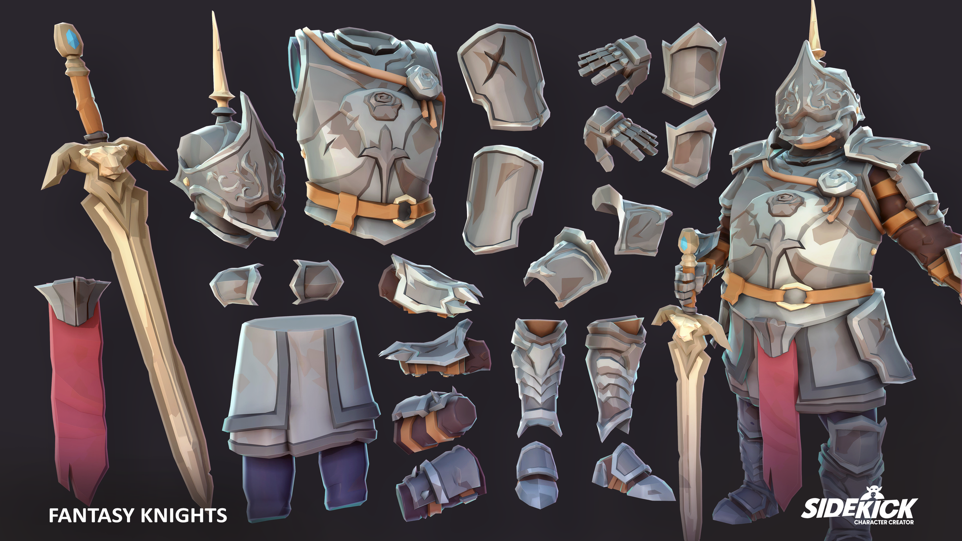 Collection of fantasy knight armor pieces and weapons on a dark background with a fully assembled knight posing to the side