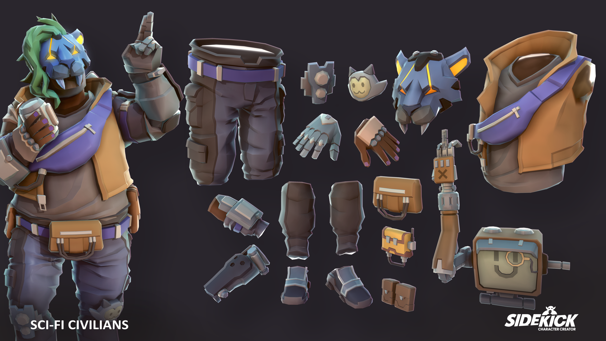 Sci-fi civilian character with various accessories on a dark background