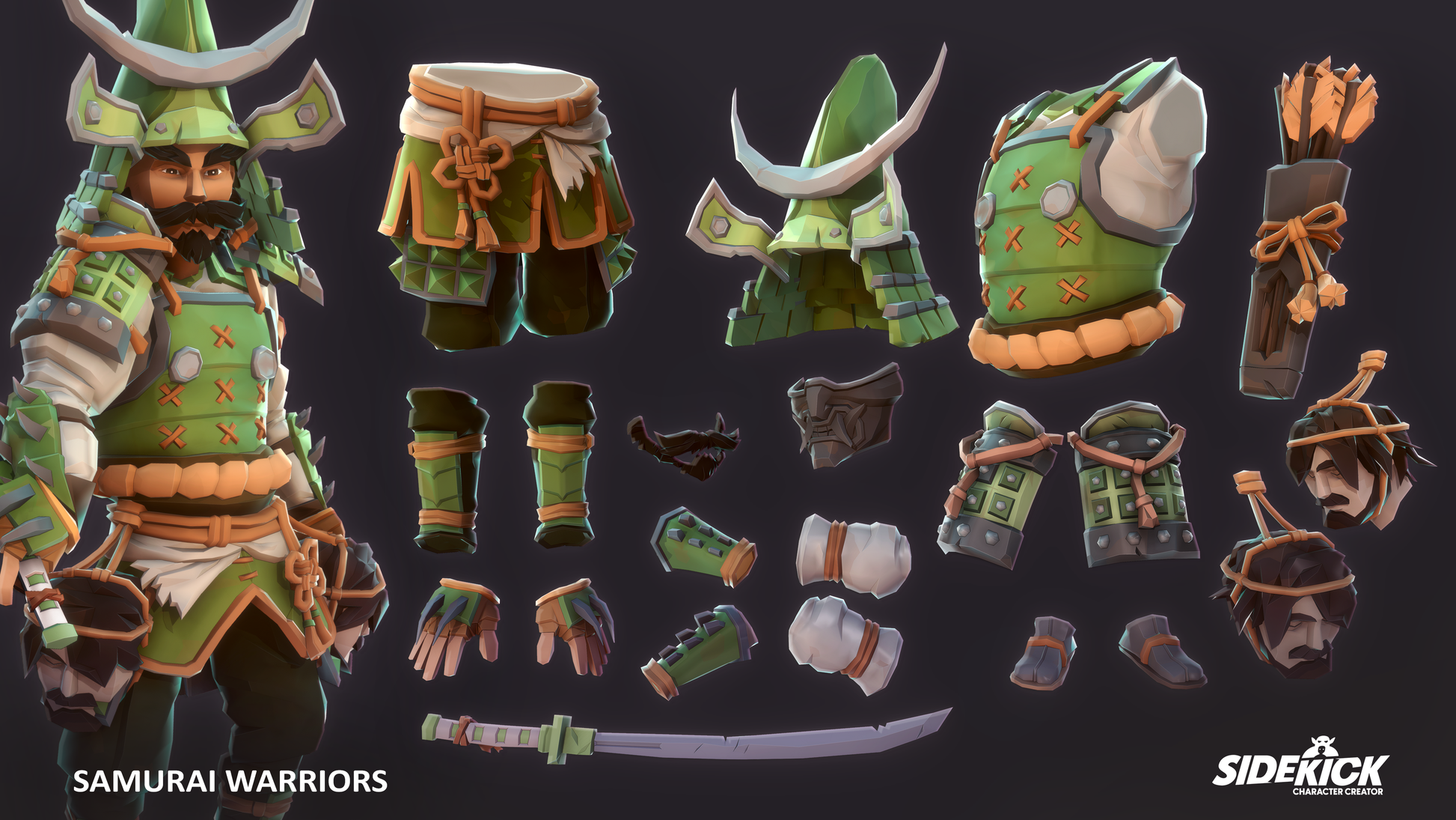 Samurai warrior costume with various components on a dark background