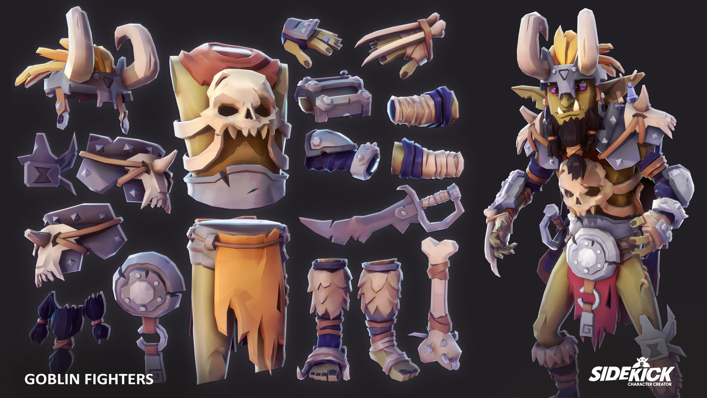 Collection of 3D goblin fighter accessories and armor pieces with Sidekick branding.
