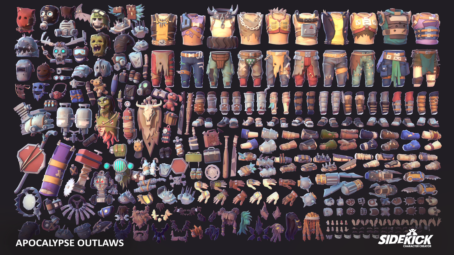 Collection of variously colored armor pieces from the Apocalypse Outlaws 3D asset pack