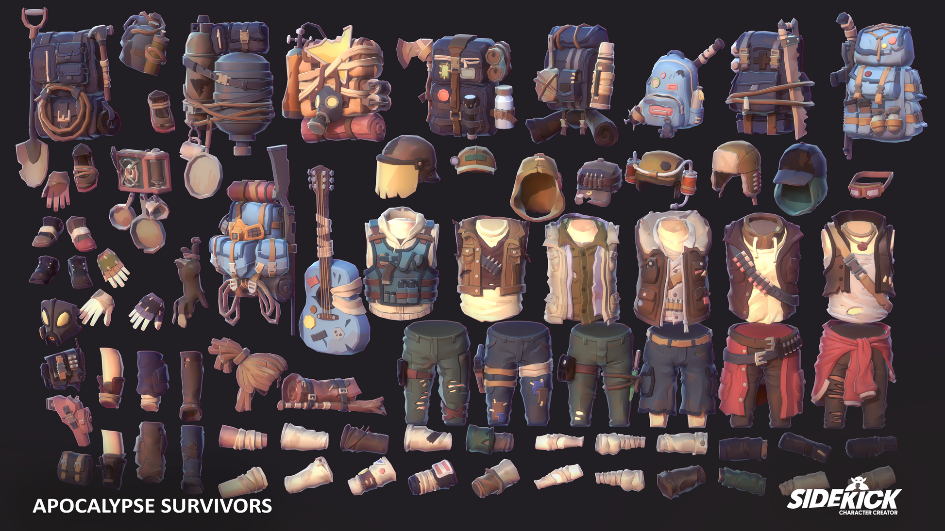 Collection of various survival gear and clothing items on a dark background from the Sidekick Apocalypse Survivors 3D asset pack