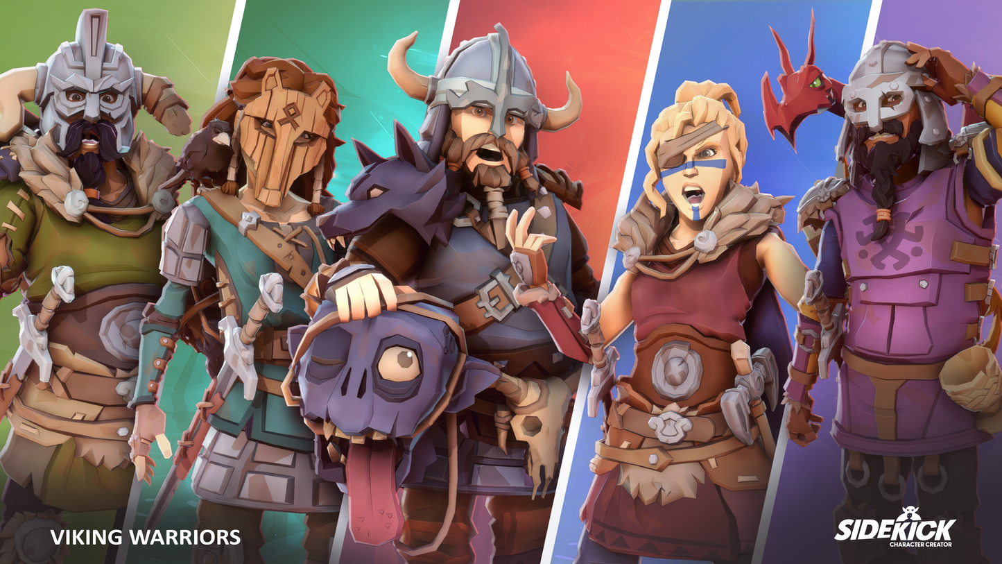 Five 3D viking warrior characters standing side by side frin the Sidekick character creator asset pack