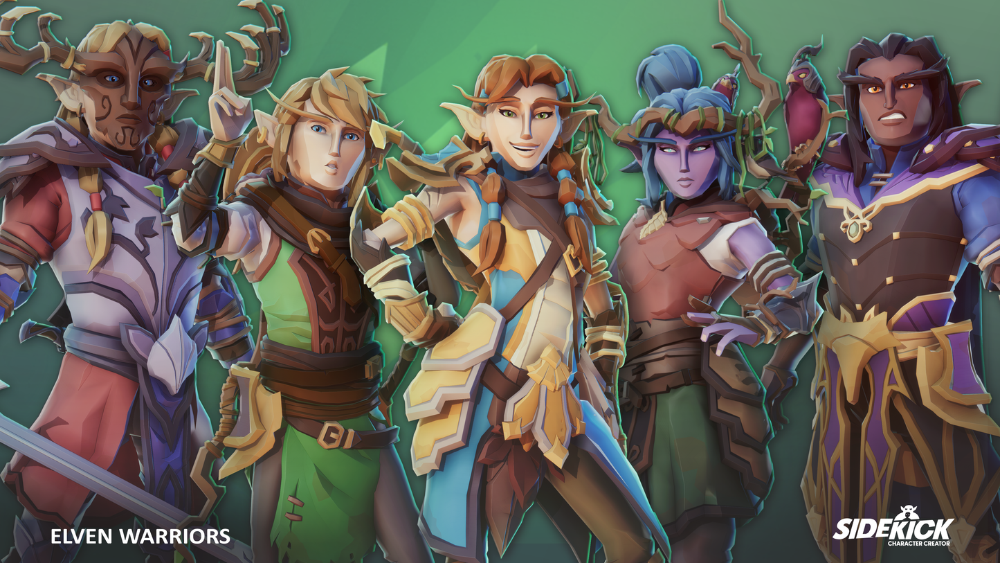 Five elven warriors in colorful costumes against a green background, with Sidekick character creator branding