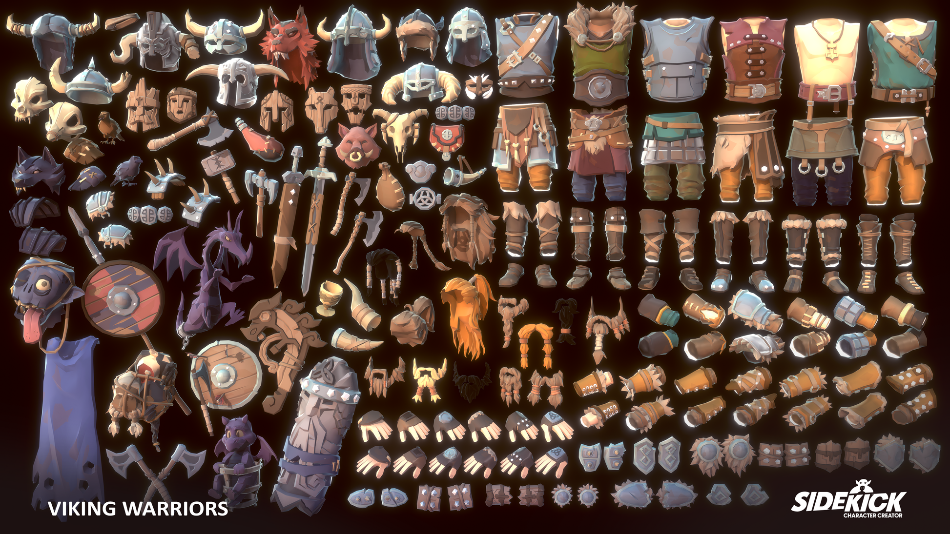 Collection of Viking warrior 3D accessories and weapons on a dark background with Sidekick branding.